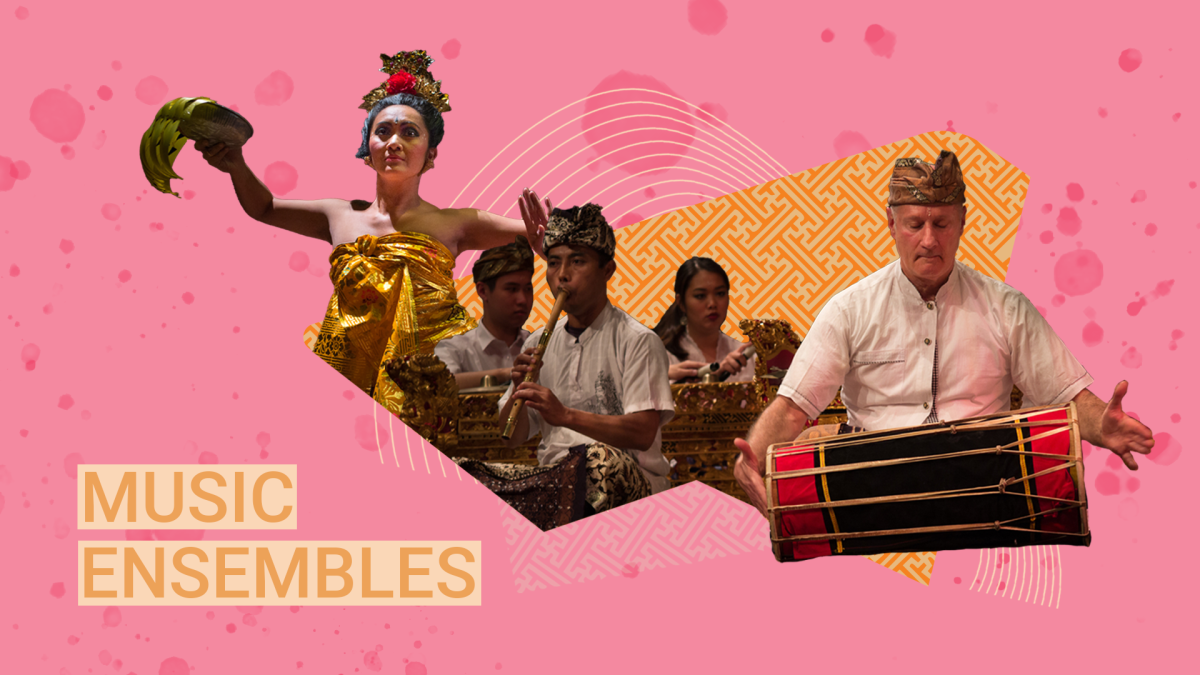 Musicians and performers overlaid on a pink background
