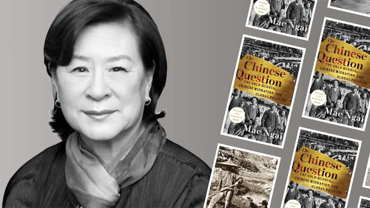 Mae M Ngai beside repeated images of the cover of her book