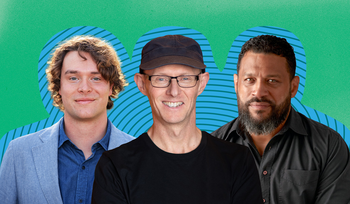 Three people against a green background