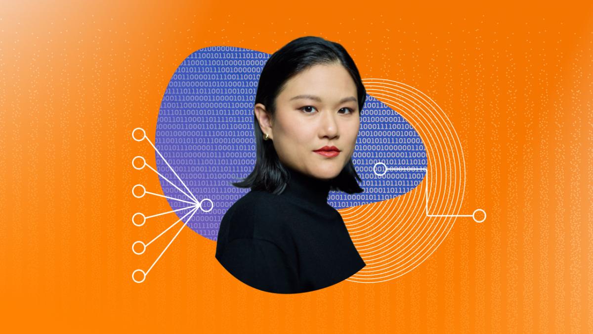 Karen Hao against an orange background