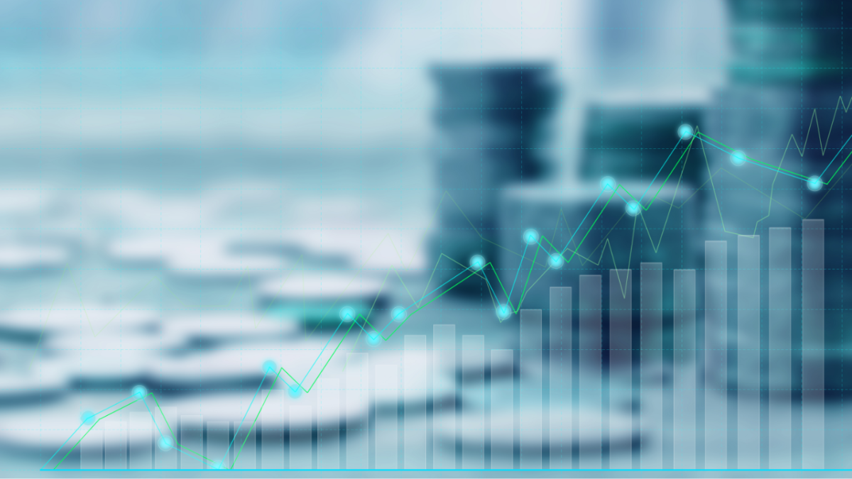 Graphic of a line graph with blurred coins in background