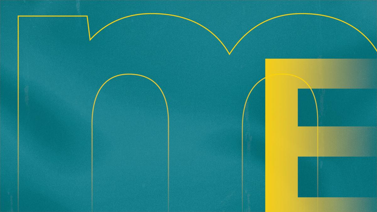 Graphic with letters M and E in yellow against green background
