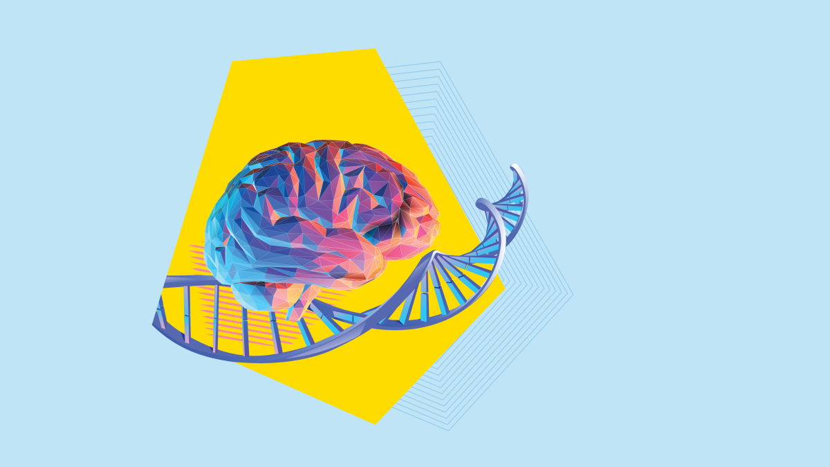 Graphic of multicoloured brain and double helix