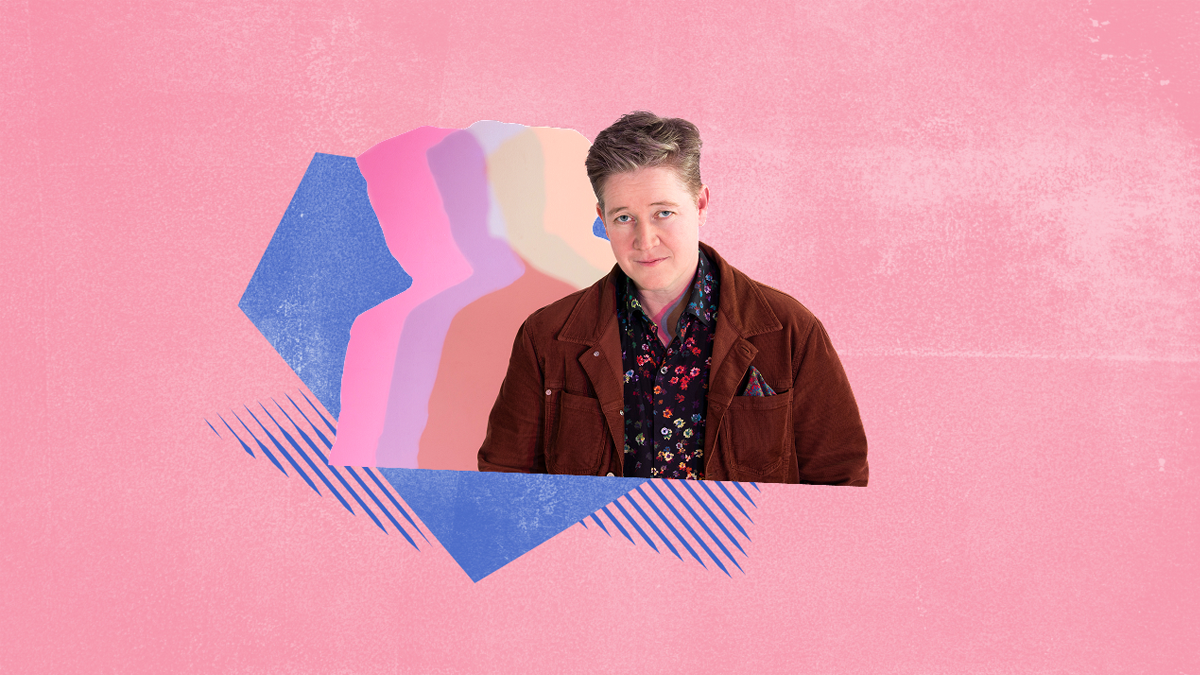 A person against a pink background