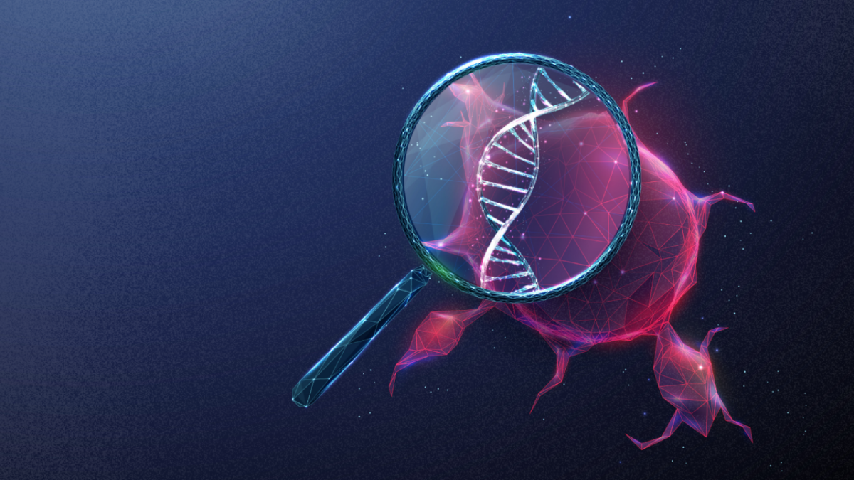 A microscope looking at DNA on a purple graphic