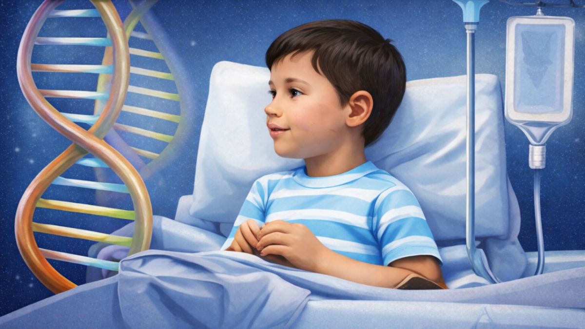 A cartoon of a child sitting in a hospital bed