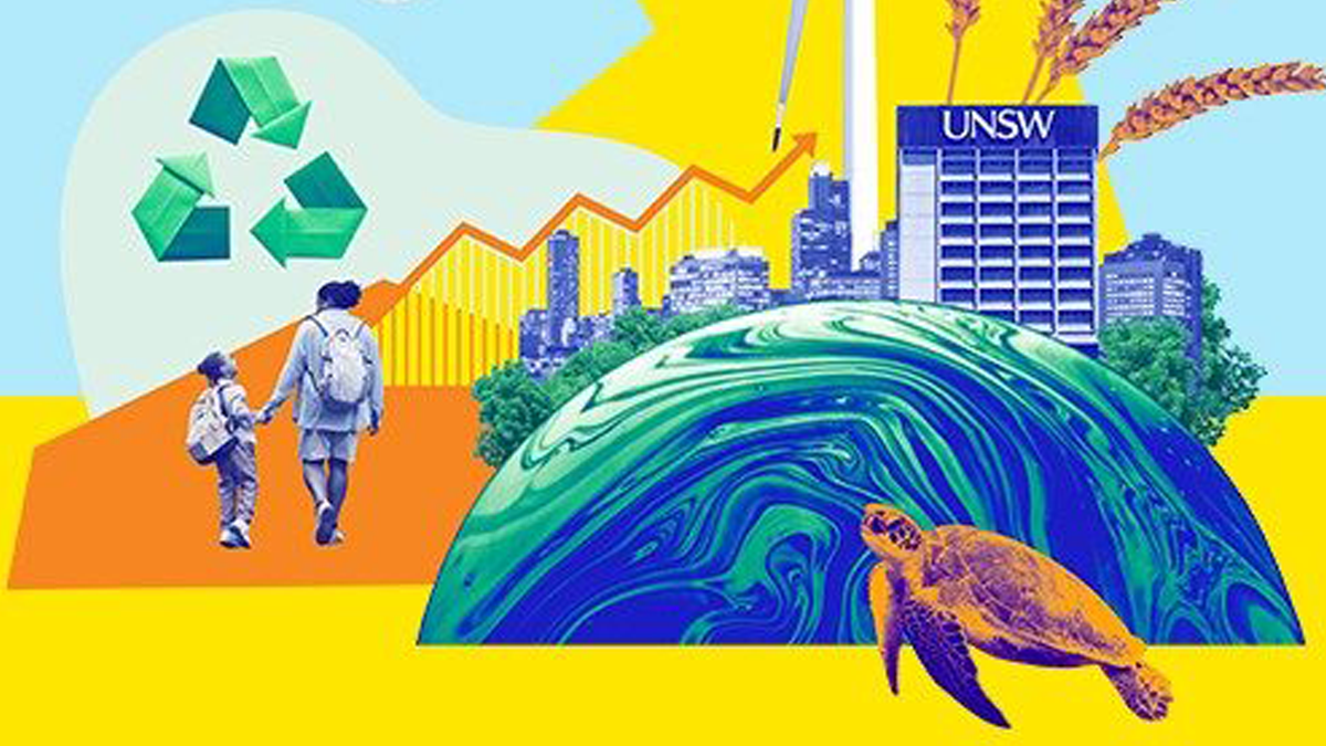 Graphic representation of the earth, a turtle, a parent and child and other symbols of peace and environmental sustainability