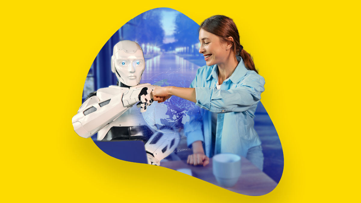 A woman and robot fist bump against a yellow background