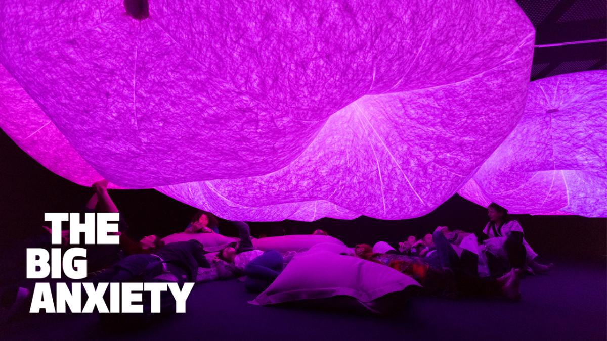 Purple graphic with words The Big Anxiety in lower left corner