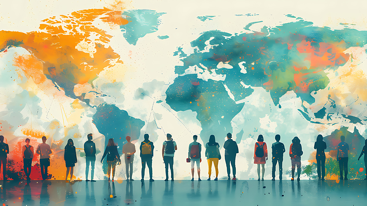 Graphic of people in silhouette against a map of the world