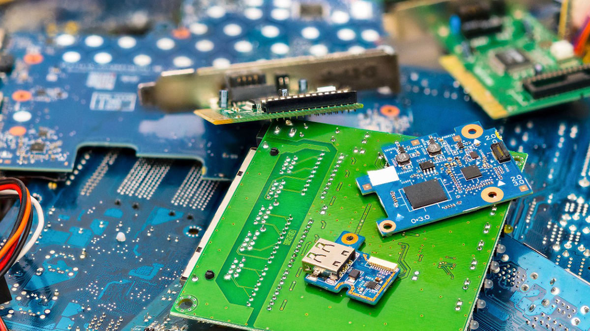 Blue and green computer components