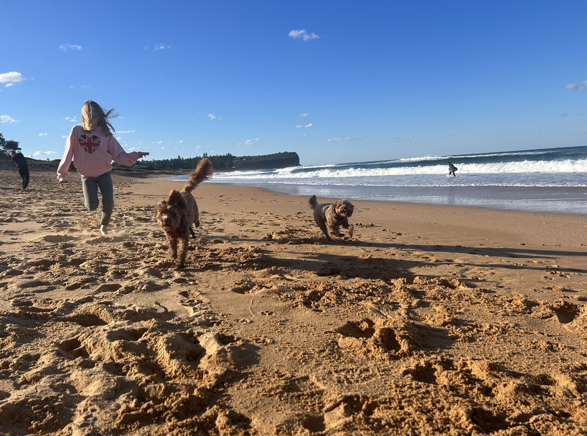 A girl running on the beach with two dogs