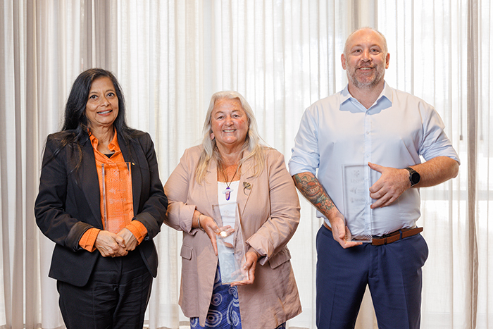 Professor Jayashri Kulkarni, Dr Elizabeth McEntyre and Luke Baker at the 2026 Australian Mental Health Prize awards ceremony.