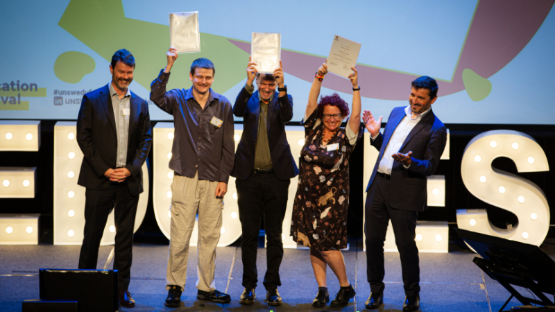 Students' Choice Teaching Award winners, from left to right: Prof. Alex Steel, Dr Jeffrey Black, Dr Andrew Taylor, Rebecca Harcourt and Scientia Prof. Vlado Perkovic.