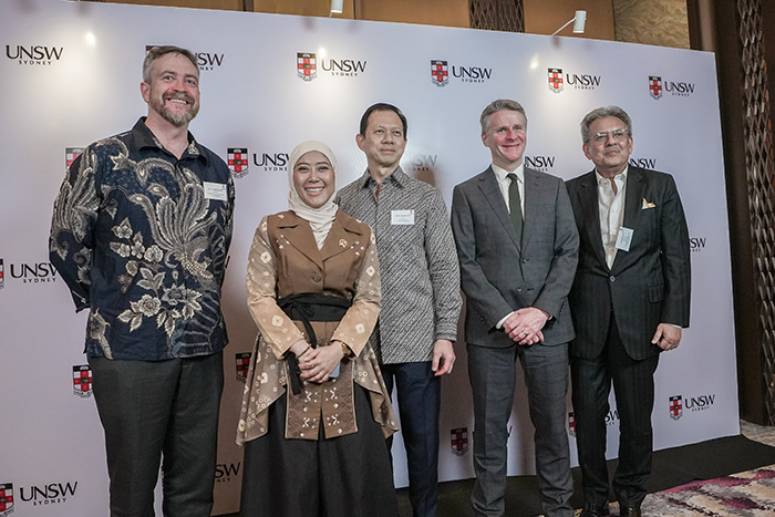 Professor Attila Brungs, Vice-Chancellor and President of UNSW, UNSW alumna The Honourable Meutya Hafid, Minister of Communication and Digital Affairs, Republic of Indonesia, UNSW alumnus Darwin Sariaatmadja, Commissioner of PT Abhimata Persada, His Excellence Rod Brazier, Australian Ambassador to Indonesia, and UNSW alumnus Joefly Bahroeny.