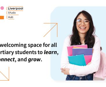 A girl smiling with the Liverpool Study Hub logo