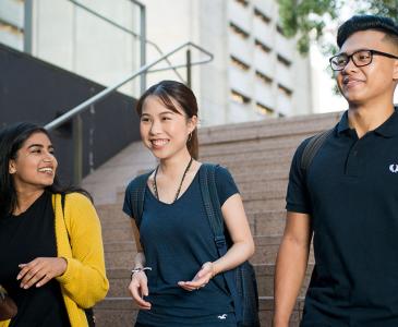 Three students walking down stairs