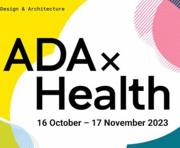 Illustration of white bubble with yellow, pink and teal background with the text ADA x Health