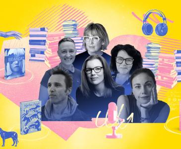 Speakers in the Novel Thinking podcast series against a yellow background