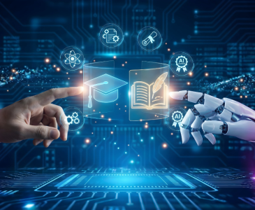 A robot hand and a human hand reaching out to each other in an AI location.
