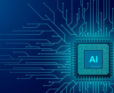 Graphic with work AI over representation of computer chip against dark blue background
