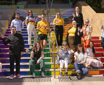 UNSW staff and students on the newly repainted Basser steps