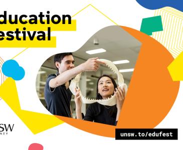 A white man and an Asian woman hold bone jaws with the words UNSW's Education Festival