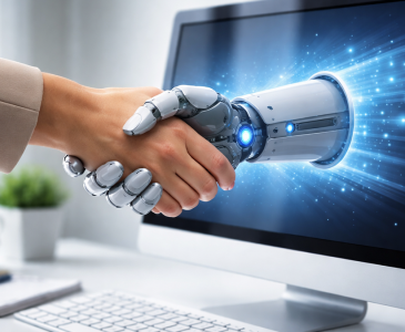 AI-generated image of human hand shaking robot hand through computer screen