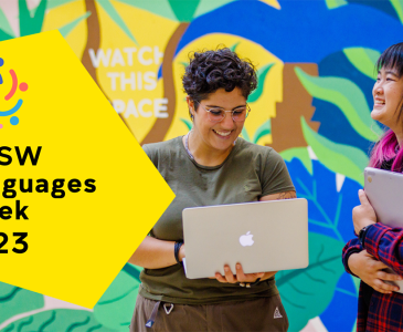 Two women one holding a laptop against a colourful background with the words UNSW Languages Week overlaid