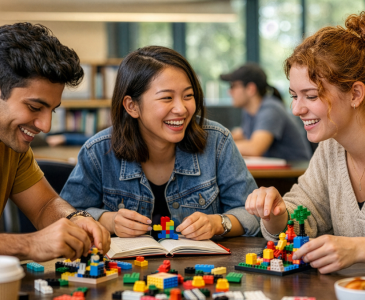 Three adults sitting at a table playing with LEGO blocks.