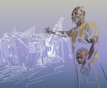 Illustration of a man and boy gesturing to a destroyed home