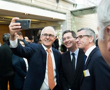 Prime Minister Malcolm Turnbull with Professor Ian Jacobs and Darren Goodsir