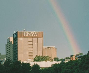 Photo showing a rainbow beside the UNSW Library tower