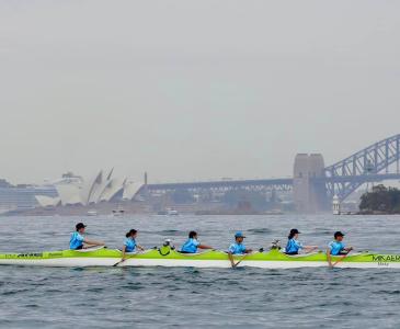 A team rowing on Sydney harbour