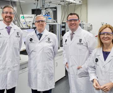 UNSW Vice-Chancellor and President, Professor Attila Brungs, UNSW RNA Institute director Pall Thordarson, NSW Minister for Enterprise, Investment and Trade Stuart Ayres and NSW MP Gabrielle Upton tour the labs