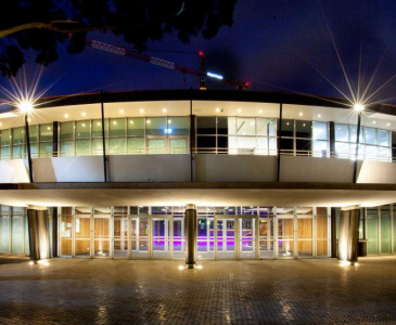 Roundhouse building at nighttime