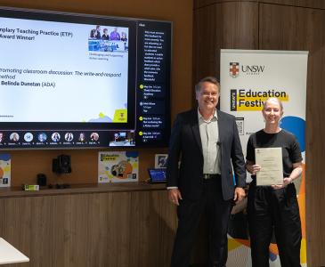 Dr Belinda Dunstan receiving an Exemplary Teaching Practice Award from Scientia Education Academy Fellow Professor Peter Heslin