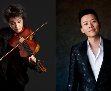 Tahlia Petrosian playing viola and David Fung against black background