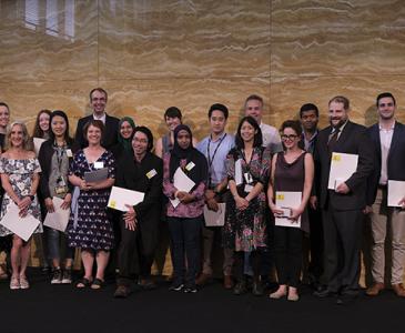 Award winners of the 2019 Teaching Excellence Awards onstage with the-then PVCE, Prof Alex Steel