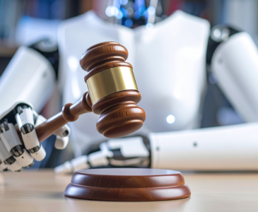 A robot sitting in a judges seat in court.