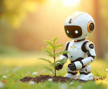 A small robot in the sunshine looking at a sapling it has just planted.