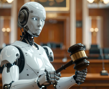 A robot judge in a courtroom.