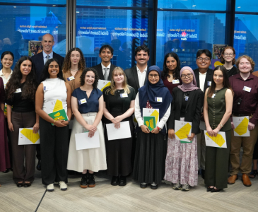 Chancellor Warwick Negus, Deputy Vice-Chancellor (Education & Student Experience) Professor Sarah Maddison, Professor Justine Nolan, Director of the Australian Human Rights Institute, and Professor Andrew Lynch, Dean of Law & Justice, celebrate with Global Student Fellowship recipients.