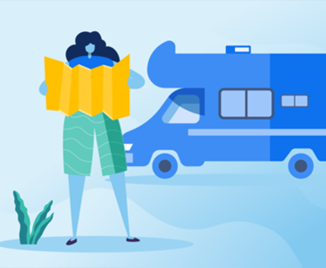 UniSuper graphic of woman with map and camper van