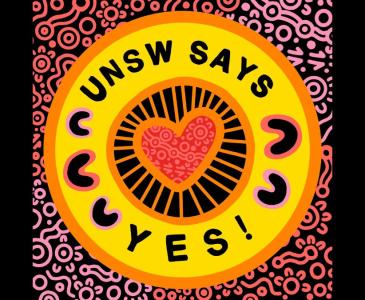 A brightly coloured illustration of a heart within circles saying UNSW SAYS YES!
