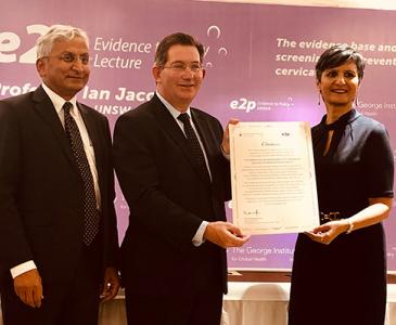 Professor Ian Jacobs with Professor Vivekanand Jha, Executive Director of The George Institute for Global Health India, and the Australia-India High Commissioner, Harinder Sidhu