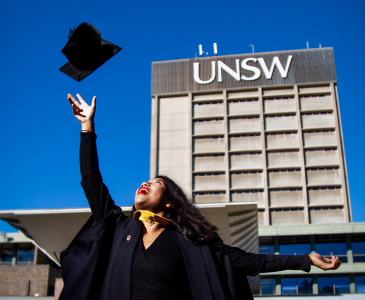 Student throwing their hat at graduation on Library Lawn