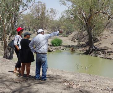  Dharriwaa Elders Group speaker Clem Dodd, Yuwaya Ngarra-li’s Peta MacGillivray and Professor Jacqui Webster and Keziah Bennett-Brook from the George Institute for Global Health standing around a lake in Walgett