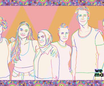 An illustration of six diverse people standing arm in arm