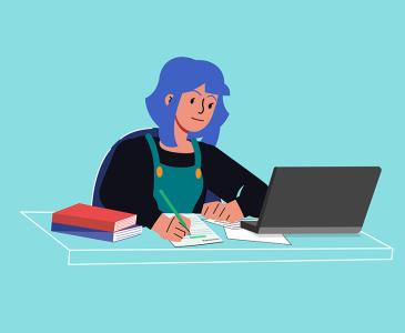 Illustration of a girl working at a computer against a blue background